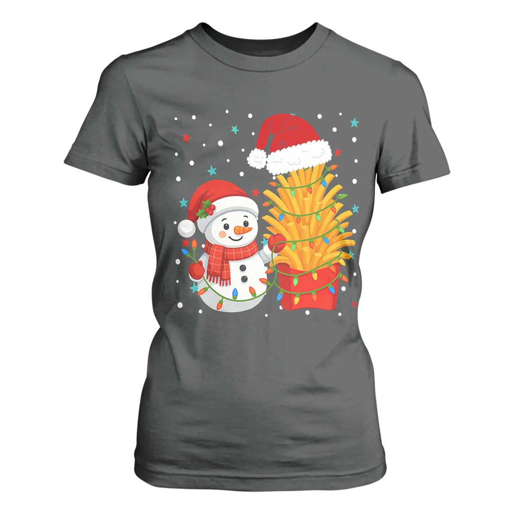 Funny Snowman Decorating French Fries T Shirt For Women Christmas Gift TS12 Dark Heather Print Your Wear