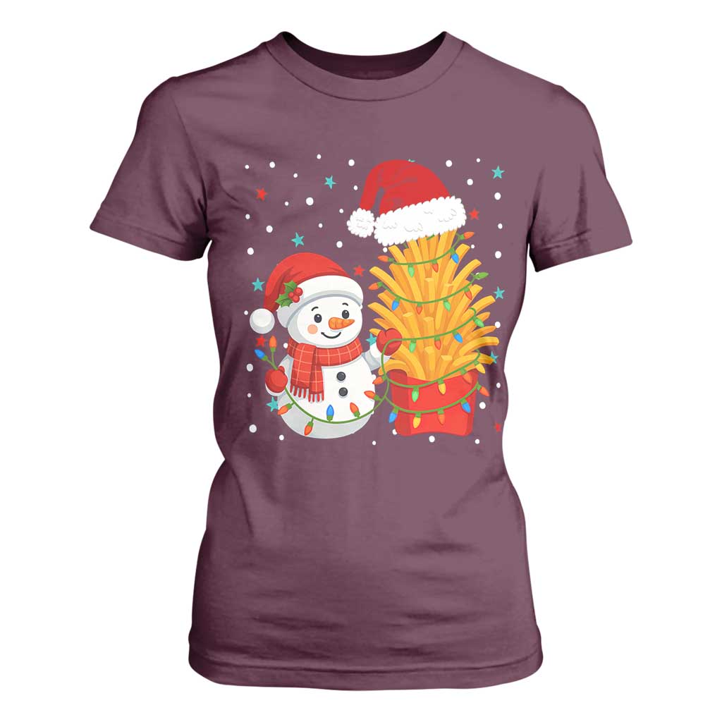 Funny Snowman Decorating French Fries T Shirt For Women Christmas Gift TS12 Maroon Print Your Wear