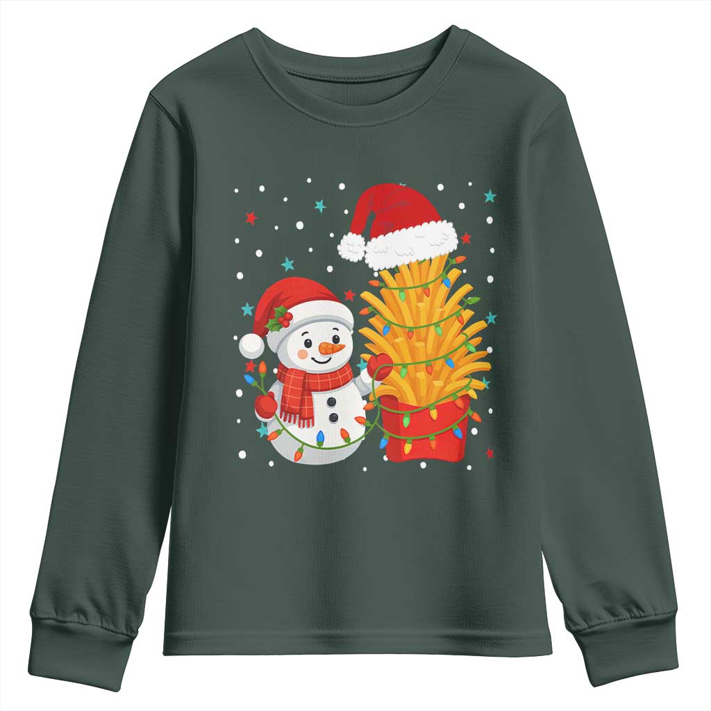 Funny Snowman Decorating French Fries Youth Sweatshirt Christmas Gift TS12 Dark Forest Green Print Your Wear