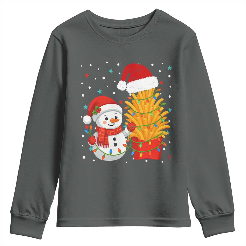 Funny Snowman Decorating French Fries Youth Sweatshirt Christmas Gift TS12 Dark Heather Print Your Wear