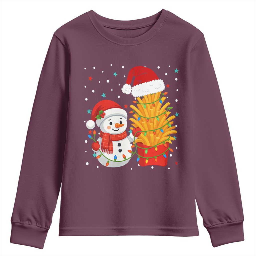 Funny Snowman Decorating French Fries Youth Sweatshirt Christmas Gift TS12 Maroon Print Your Wear