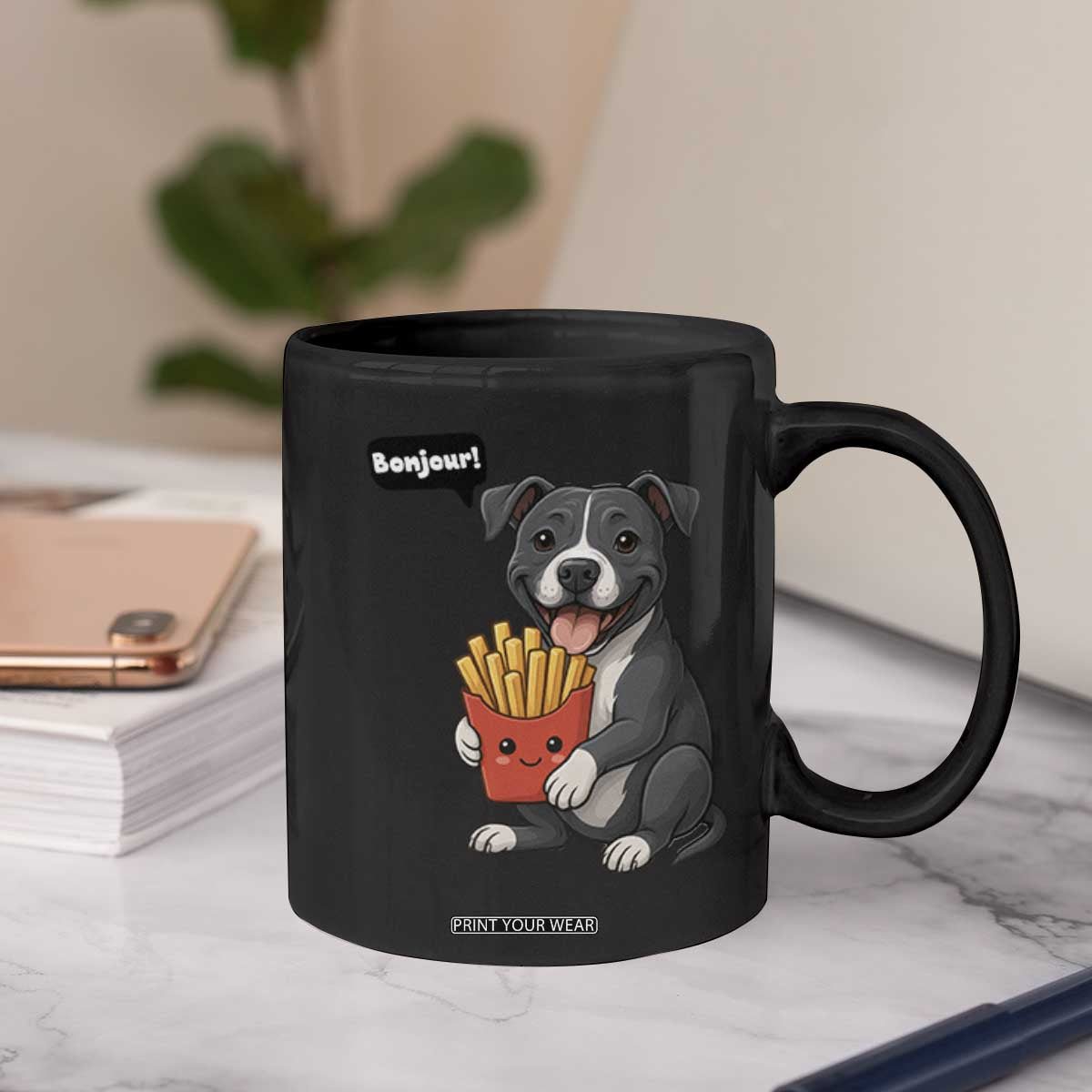 Funny Bonjour French Fries Coffee Mug Pitbull Dog Gift TS12 Print Your Wear