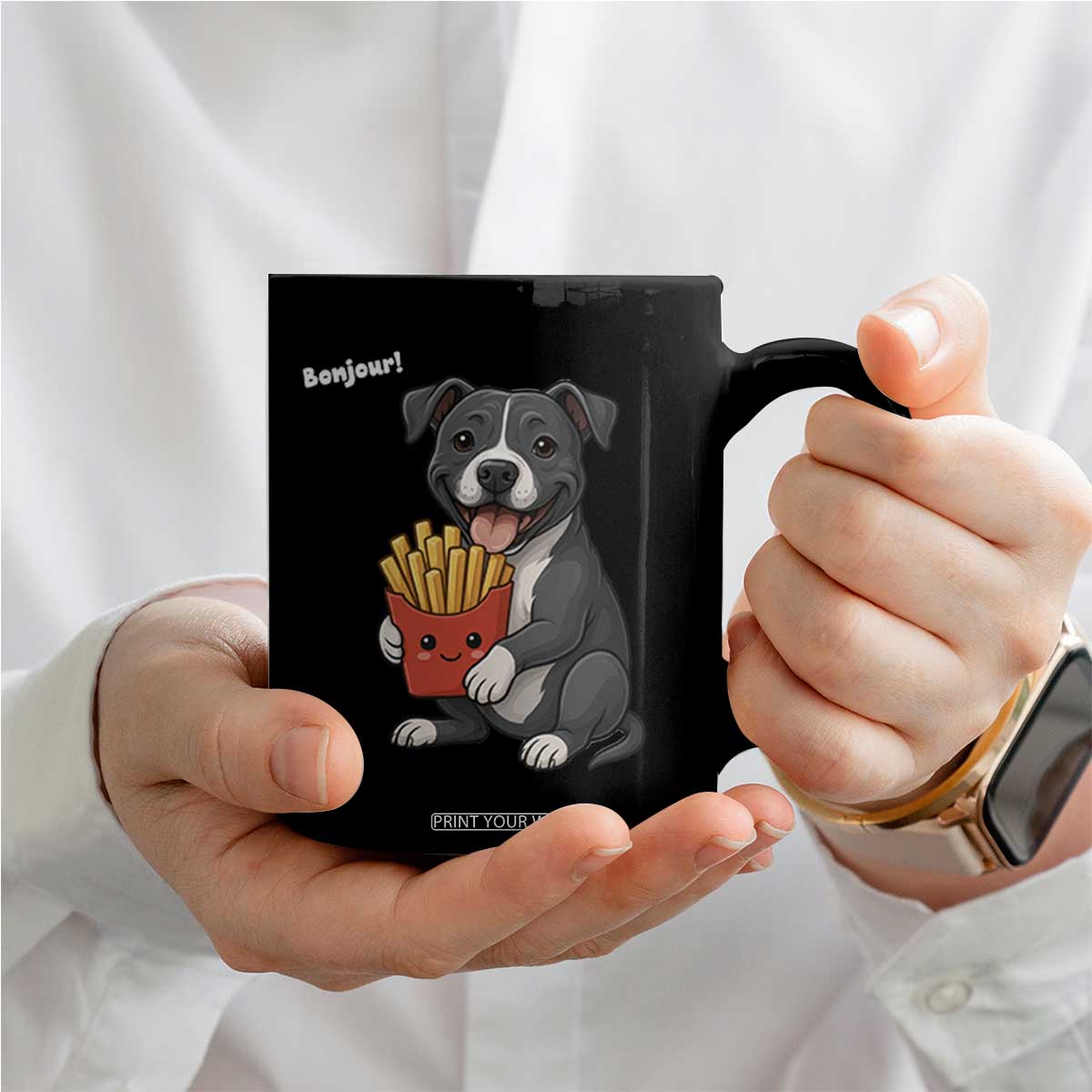 Funny Bonjour French Fries Coffee Mug Pitbull Dog Gift TS12 Print Your Wear