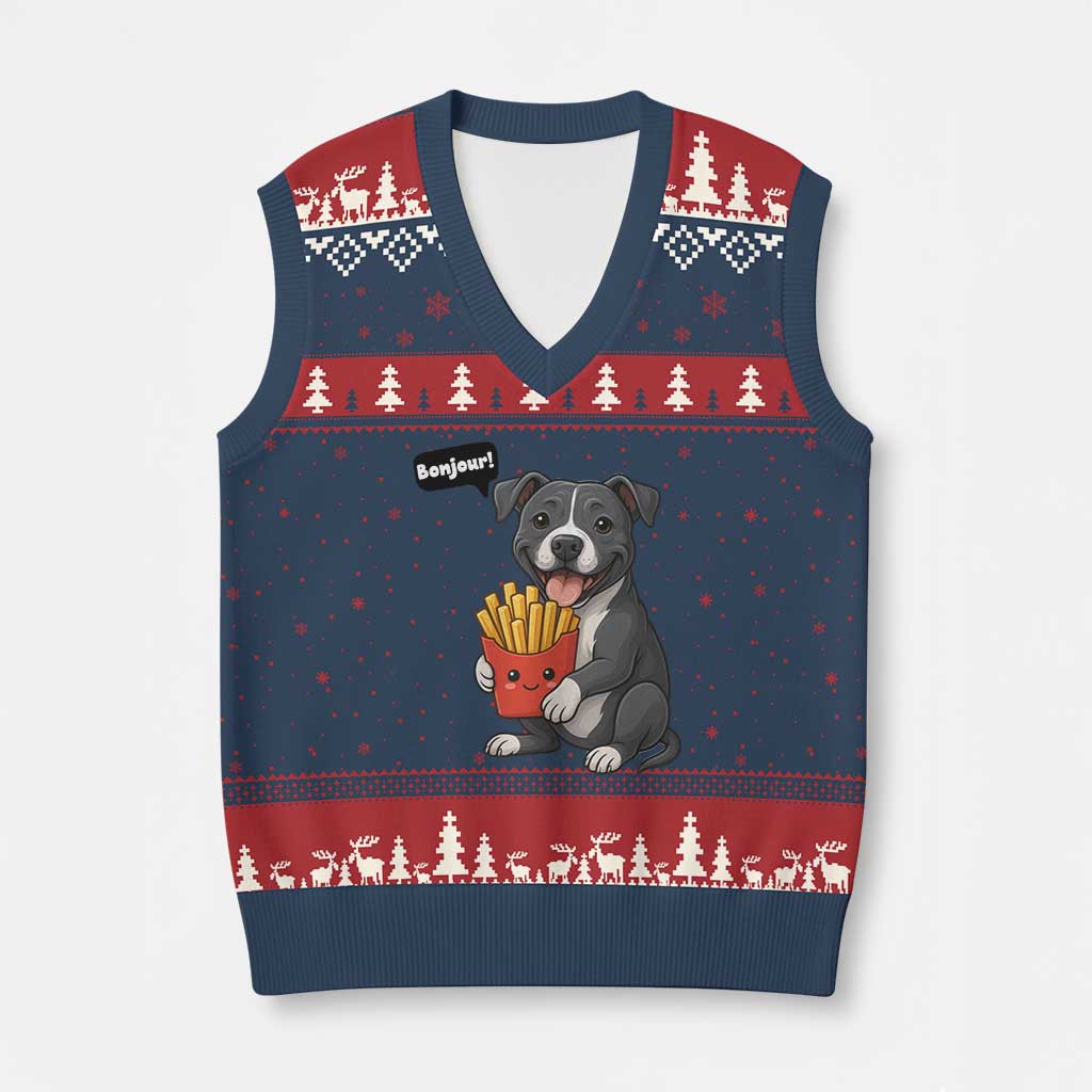 Funny Bonjour French Fries V-Neck Knit Sweater Vest Pitbull Dog Gift TS12 Navy Red Print Your Wear