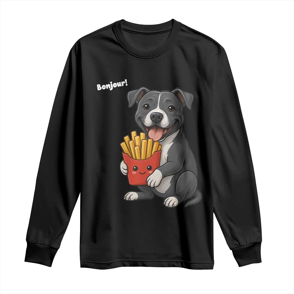 Funny Bonjour French Fries Long Sleeve Shirt Pitbull Dog Gift TS12 Black Print Your Wear