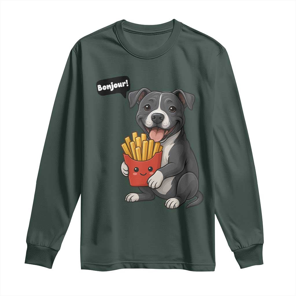 Funny Bonjour French Fries Long Sleeve Shirt Pitbull Dog Gift TS12 Dark Forest Green Print Your Wear