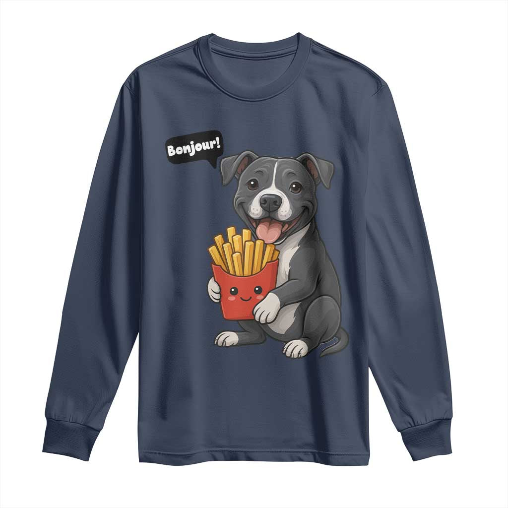 Funny Bonjour French Fries Long Sleeve Shirt Pitbull Dog Gift TS12 Navy Print Your Wear