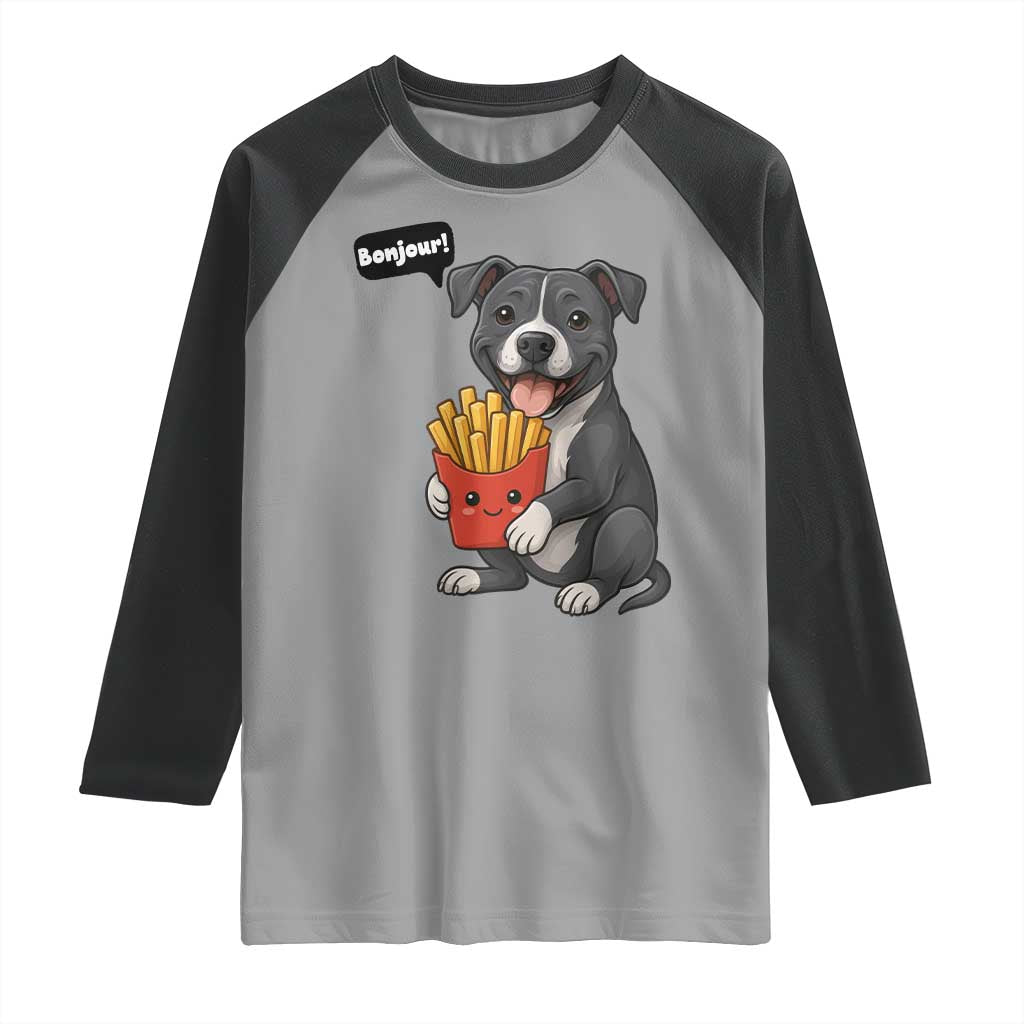 Funny Bonjour French Fries Raglan Shirt Pitbull Dog Gift TS12 Sport Gray Black Print Your Wear