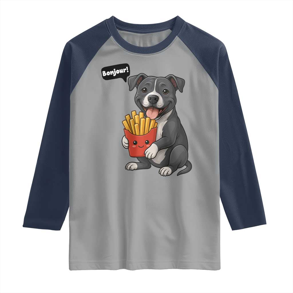Funny Bonjour French Fries Raglan Shirt Pitbull Dog Gift TS12 Sport Gray Navy Print Your Wear