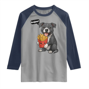 Funny Bonjour French Fries Raglan Shirt Pitbull Dog Gift TS12 Sport Gray Navy Print Your Wear