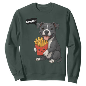 Funny Bonjour French Fries Sweatshirt Pitbull Dog Gift TS12 Dark Forest Green Print Your Wear