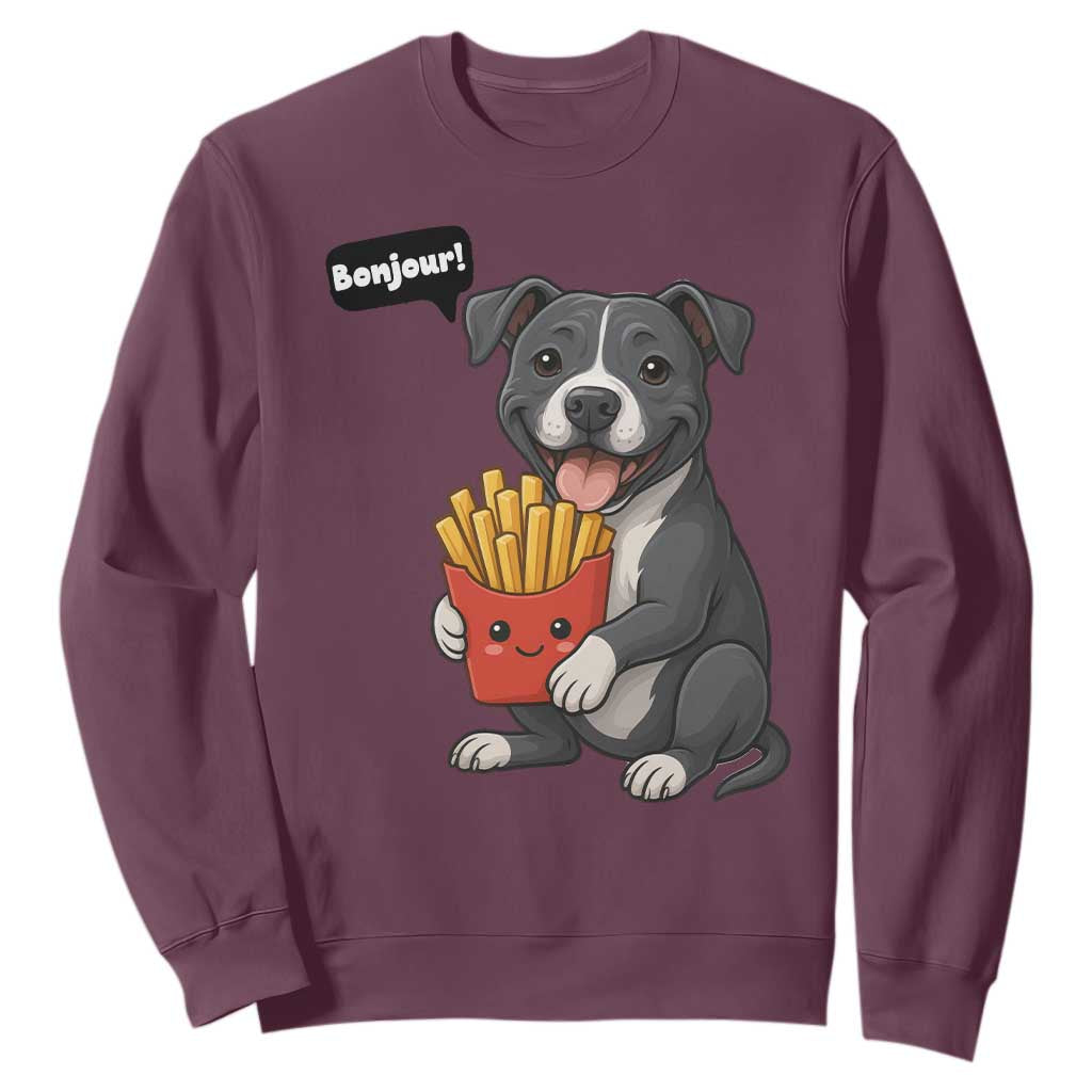 Funny Bonjour French Fries Sweatshirt Pitbull Dog Gift TS12 Maroon Print Your Wear