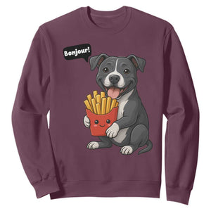Funny Bonjour French Fries Sweatshirt Pitbull Dog Gift TS12 Maroon Print Your Wear