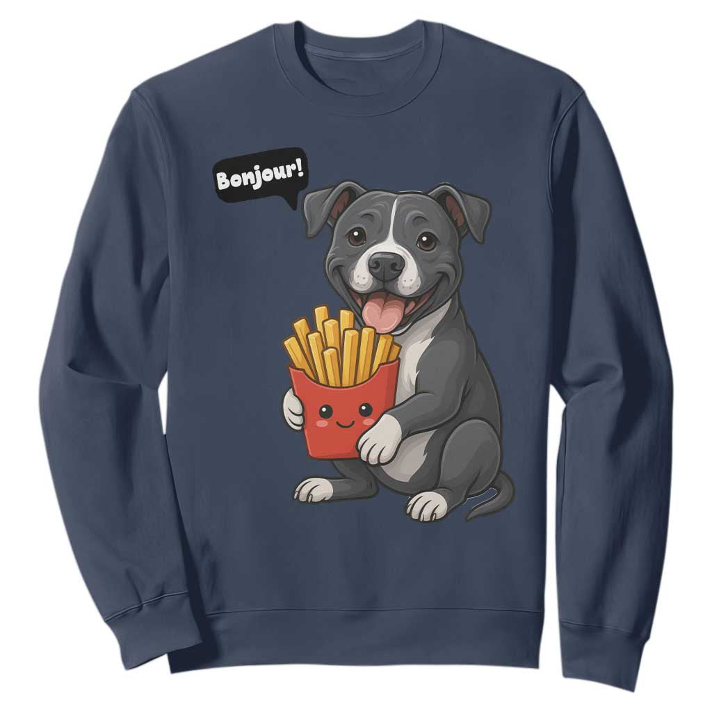 Funny Bonjour French Fries Sweatshirt Pitbull Dog Gift TS12 Navy Print Your Wear