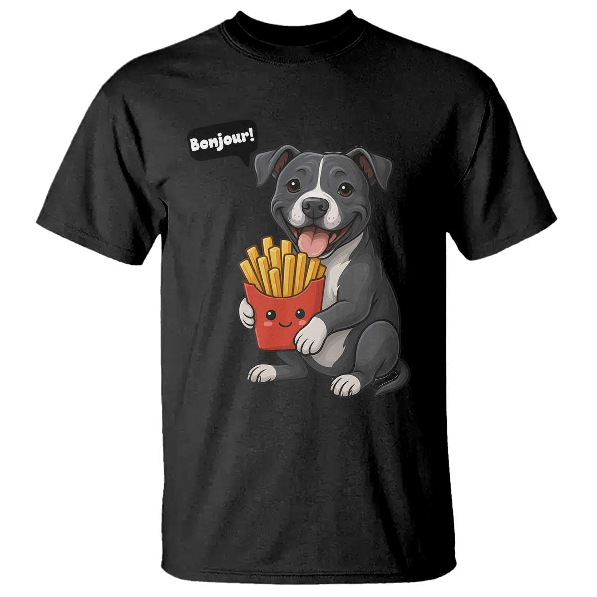 Funny Bonjour French Fries T Shirt Pitbull Dog Gift TS12 Black Print Your Wear