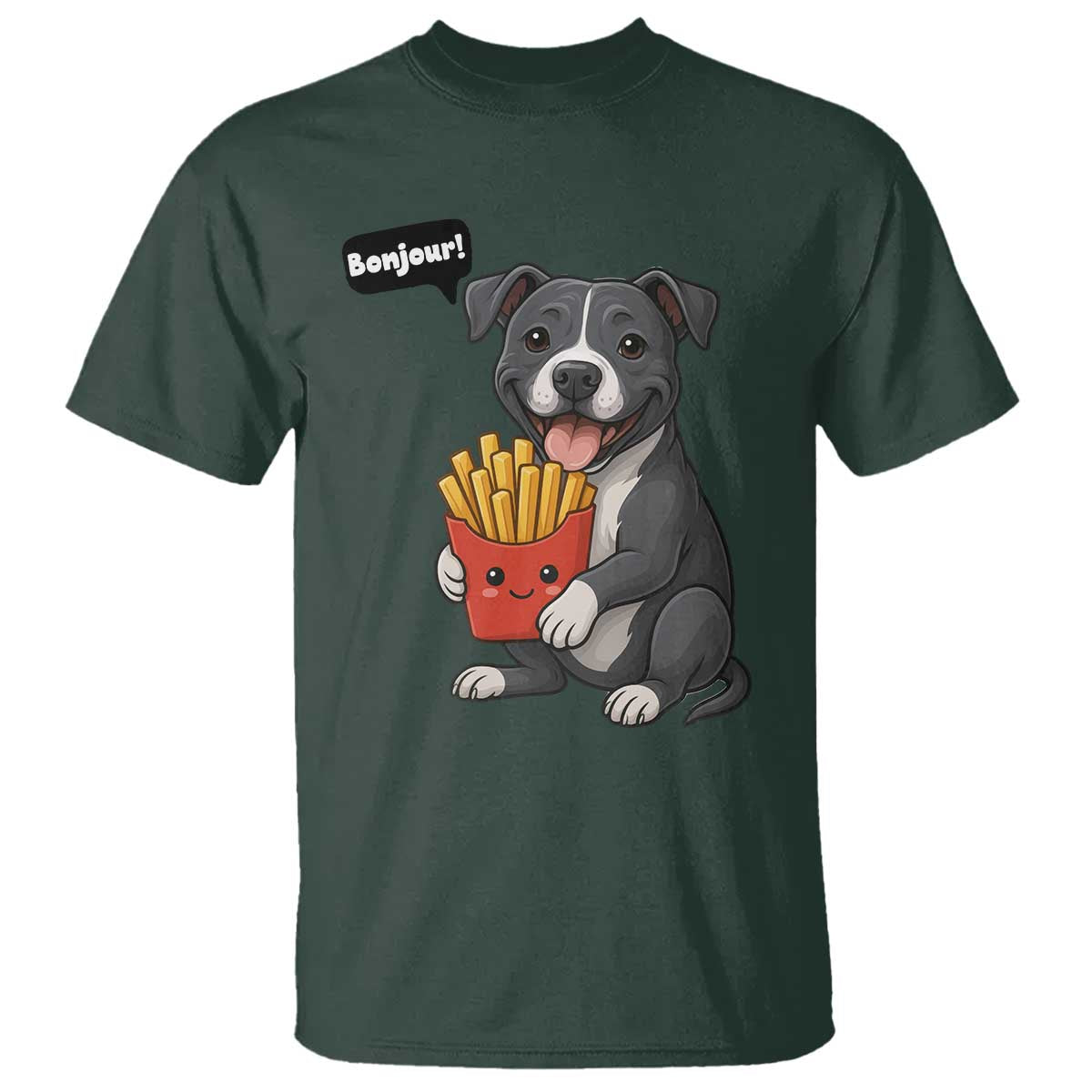 Funny Bonjour French Fries T Shirt Pitbull Dog Gift TS12 Dark Forest Green Print Your Wear