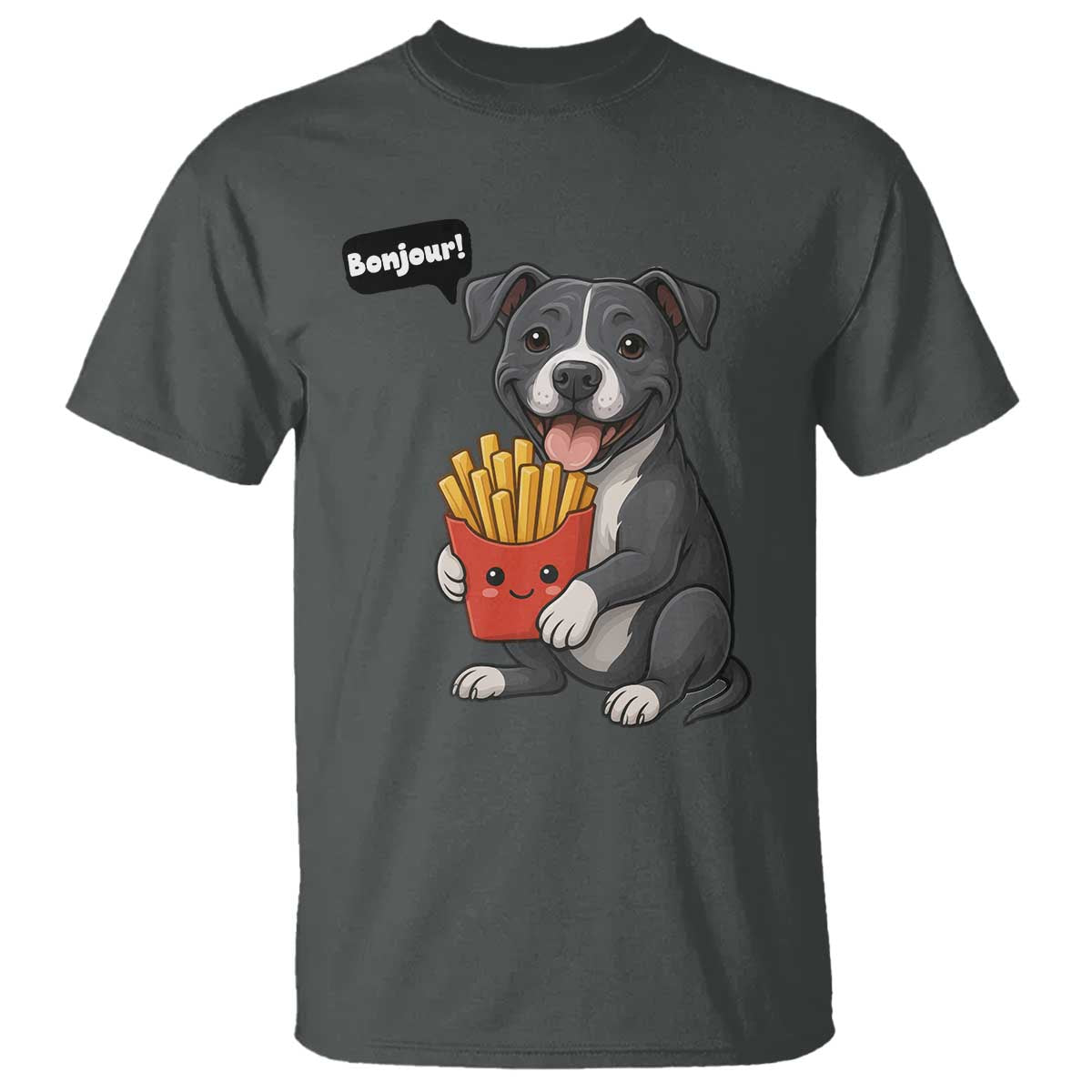 Funny Bonjour French Fries T Shirt Pitbull Dog Gift TS12 Dark Heather Print Your Wear