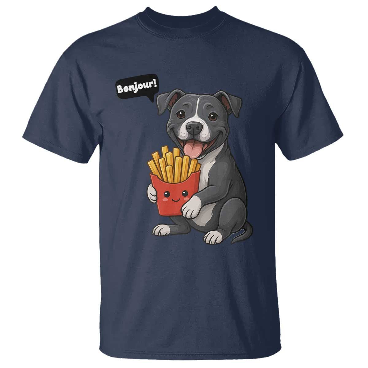 Funny Bonjour French Fries T Shirt Pitbull Dog Gift TS12 Navy Print Your Wear
