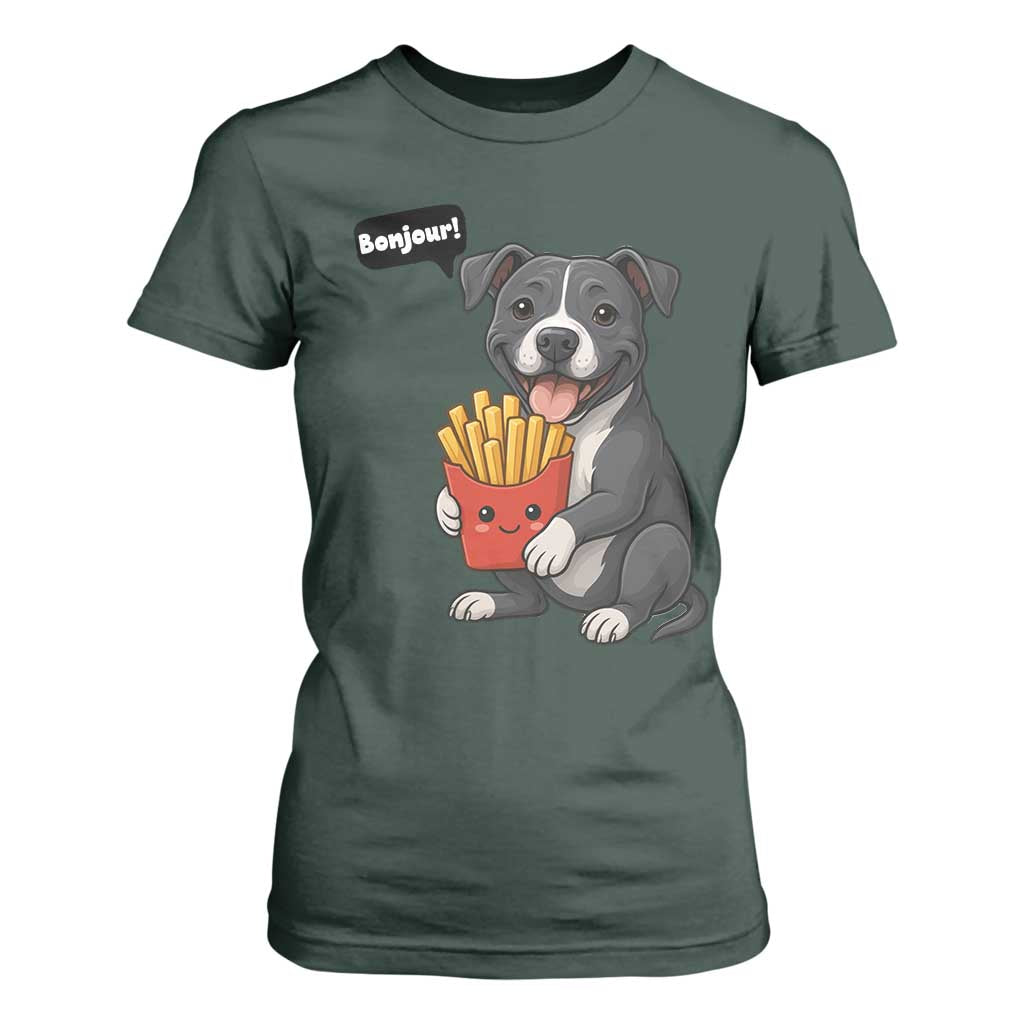 Funny Bonjour French Fries T Shirt For Women Pitbull Dog Gift TS12 Dark Forest Green Print Your Wear