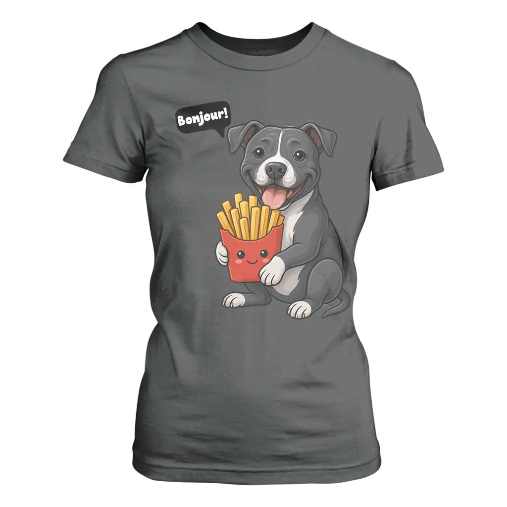 Funny Bonjour French Fries T Shirt For Women Pitbull Dog Gift TS12 Dark Heather Print Your Wear
