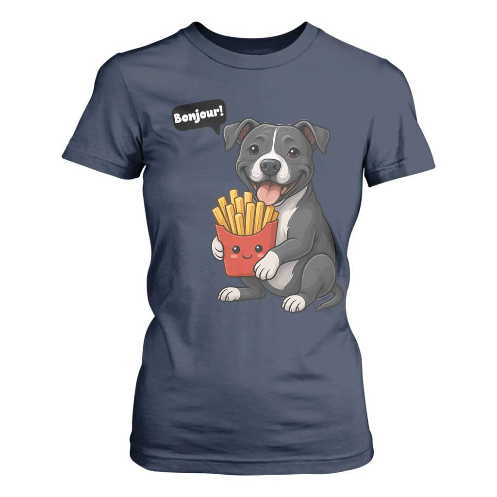 Funny Bonjour French Fries T Shirt For Women Pitbull Dog Gift TS12 Navy Print Your Wear