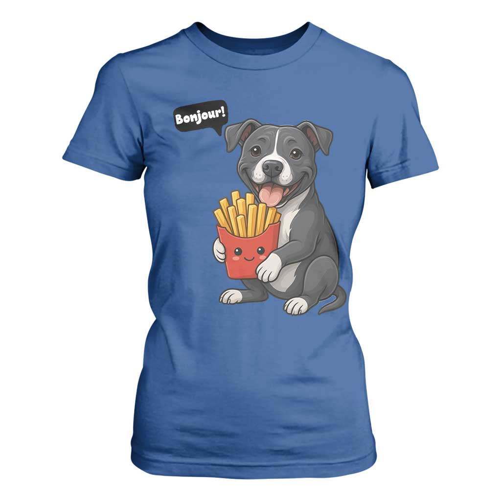 Funny Bonjour French Fries T Shirt For Women Pitbull Dog Gift TS12 Royal Blue Print Your Wear