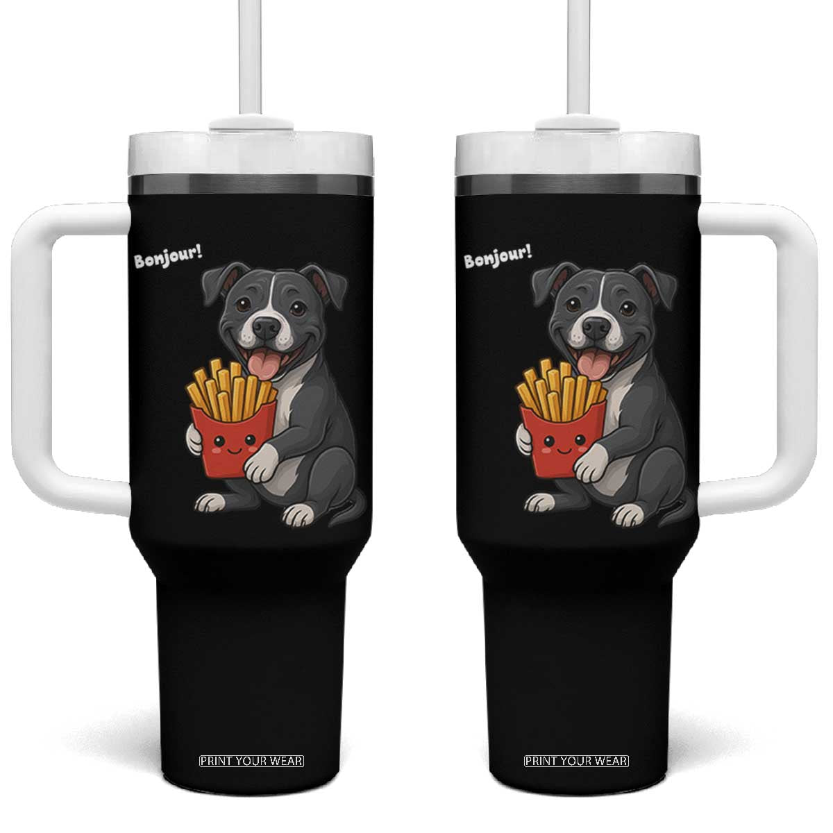 Funny Bonjour French Fries Tumbler With Handle Pitbull Dog Gift TS12 One Size: 40 oz Black Print Your Wear