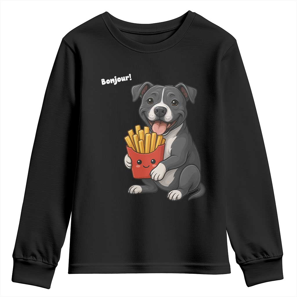 Funny Bonjour French Fries Youth Sweatshirt Pitbull Dog Gift TS12 Black Print Your Wear