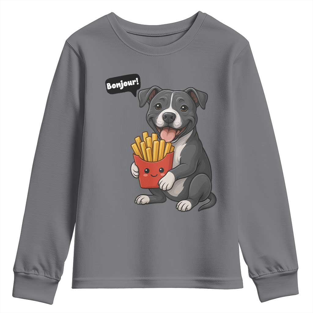 Funny Bonjour French Fries Youth Sweatshirt Pitbull Dog Gift TS12 Charcoal Print Your Wear