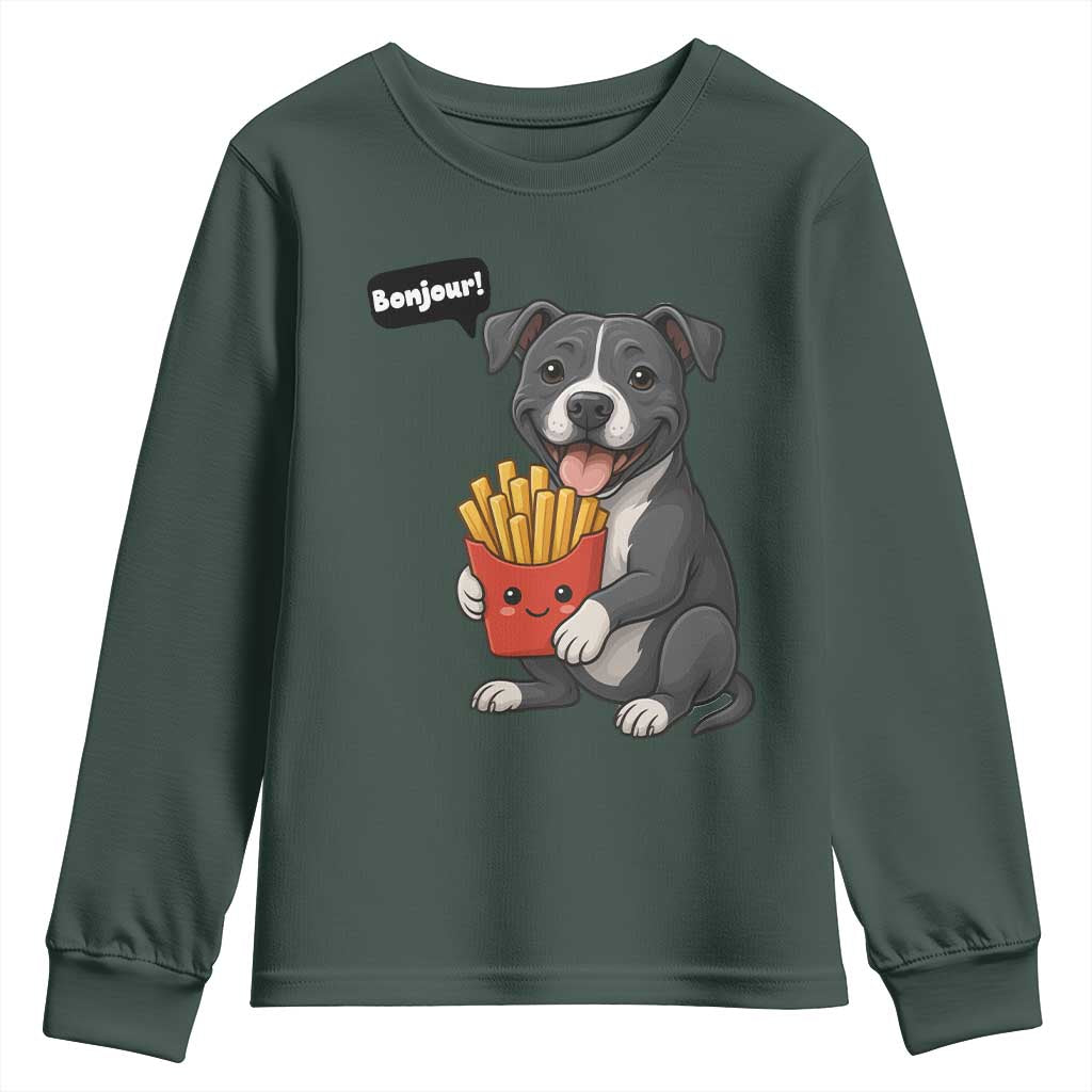 Funny Bonjour French Fries Youth Sweatshirt Pitbull Dog Gift TS12 Dark Forest Green Print Your Wear