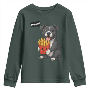 Funny Bonjour French Fries Youth Sweatshirt Pitbull Dog Gift TS12 Dark Forest Green Print Your Wear