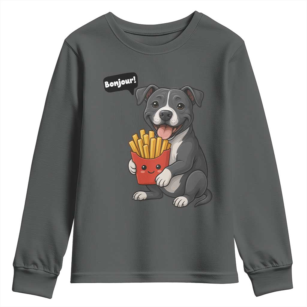 Funny Bonjour French Fries Youth Sweatshirt Pitbull Dog Gift TS12 Dark Heather Print Your Wear