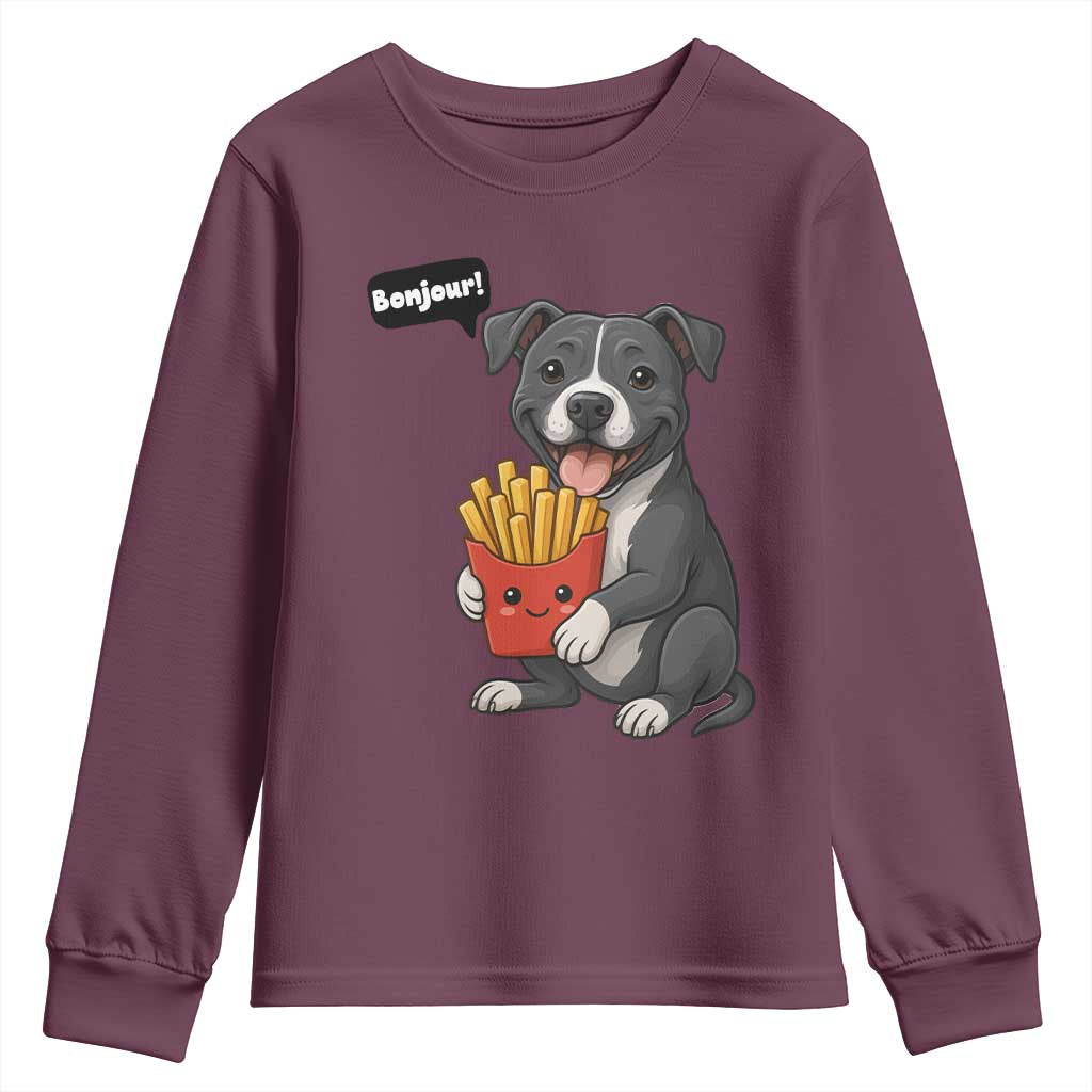 Funny Bonjour French Fries Youth Sweatshirt Pitbull Dog Gift TS12 Maroon Print Your Wear