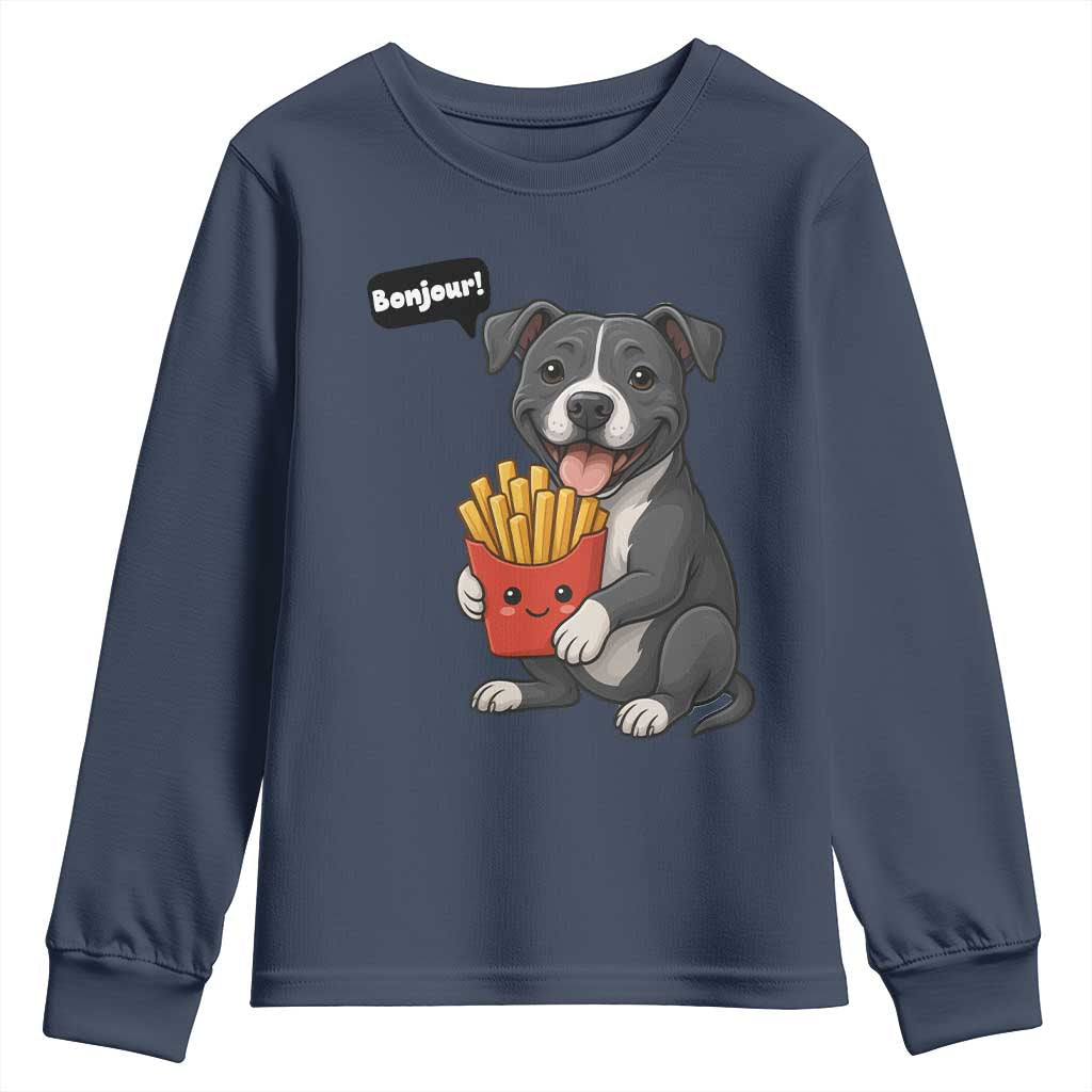Funny Bonjour French Fries Youth Sweatshirt Pitbull Dog Gift TS12 Navy Print Your Wear