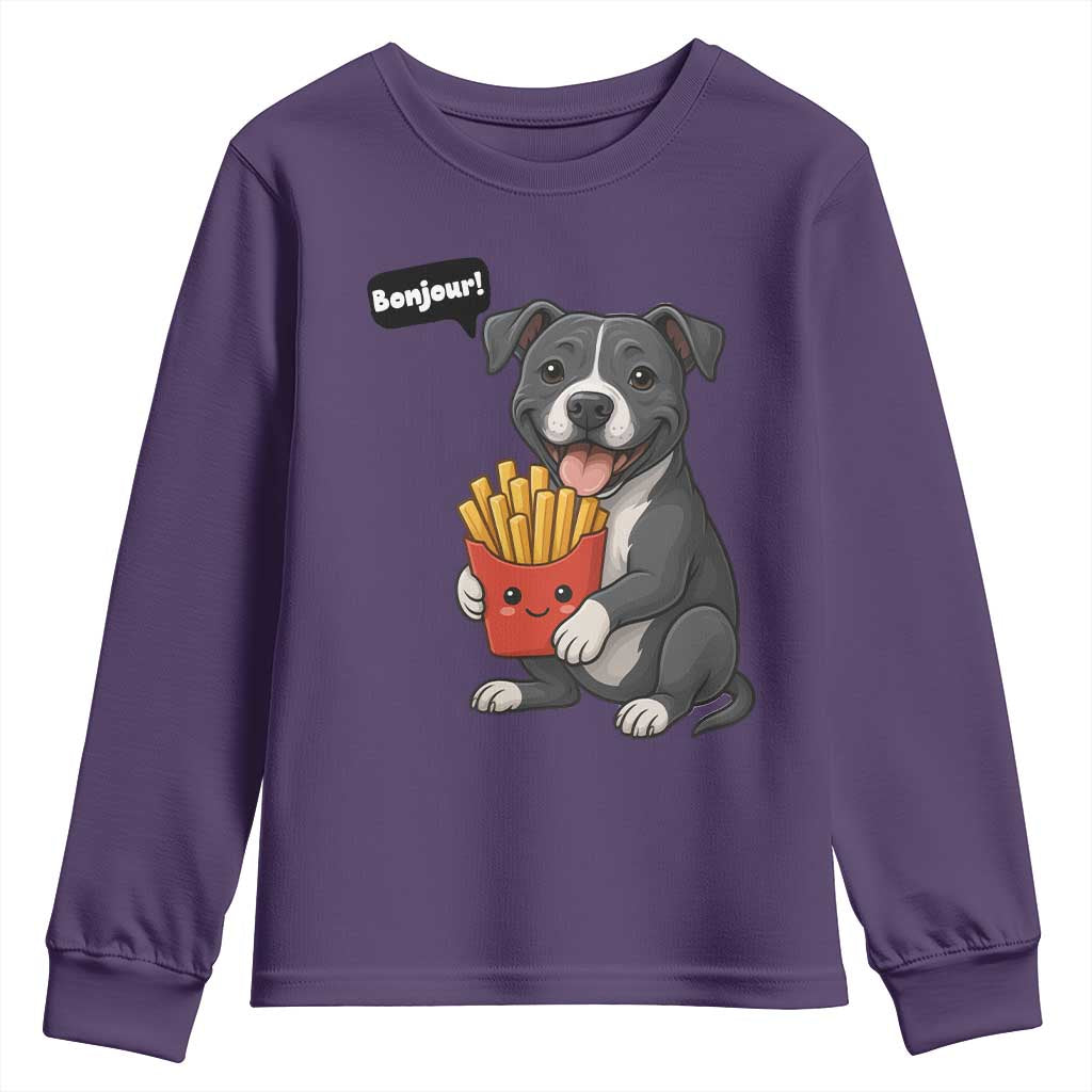 Funny Bonjour French Fries Youth Sweatshirt Pitbull Dog Gift TS12 Purple Print Your Wear