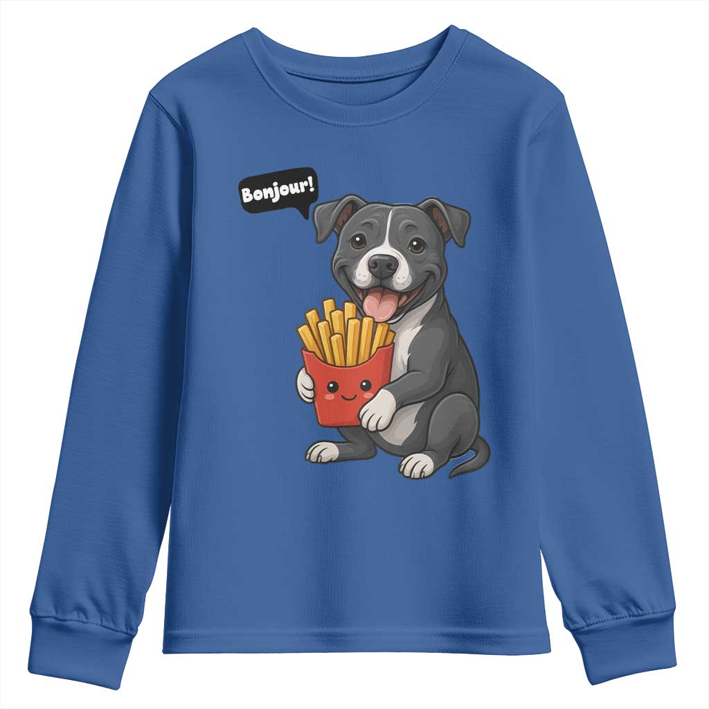 Funny Bonjour French Fries Youth Sweatshirt Pitbull Dog Gift TS12 Royal Blue Print Your Wear