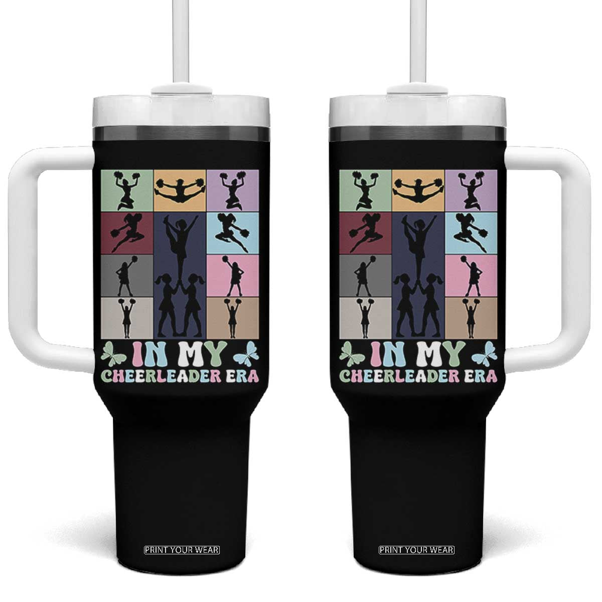 In My Cheer Mom Era Tumbler With Handle Cheerleader Squad Fan Gift TS12 One Size: 40 oz Black Print Your Wear