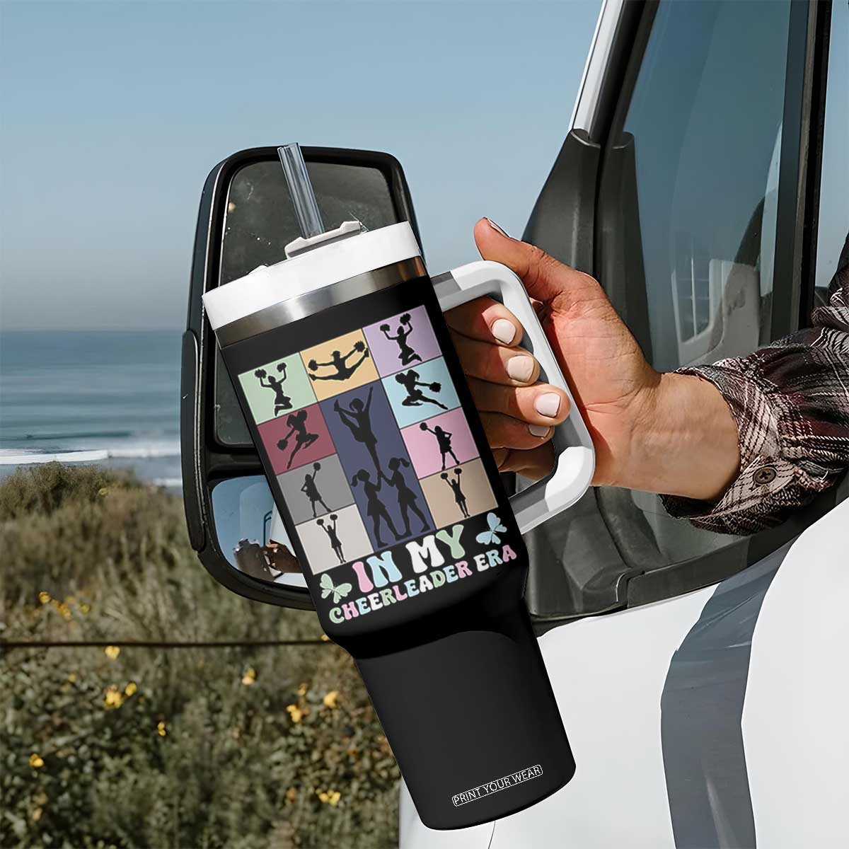 In My Cheer Mom Era Tumbler With Handle Cheerleader Squad Fan Gift TS12 Print Your Wear