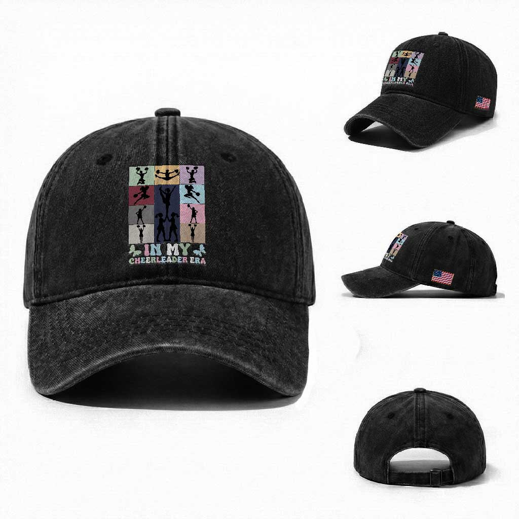 In My Cheer Mom Era Washed Cotton Baseball Cap Cheerleader Squad Fan Gift TS12 Washed Cap Universal Fit Black Print Your Wear