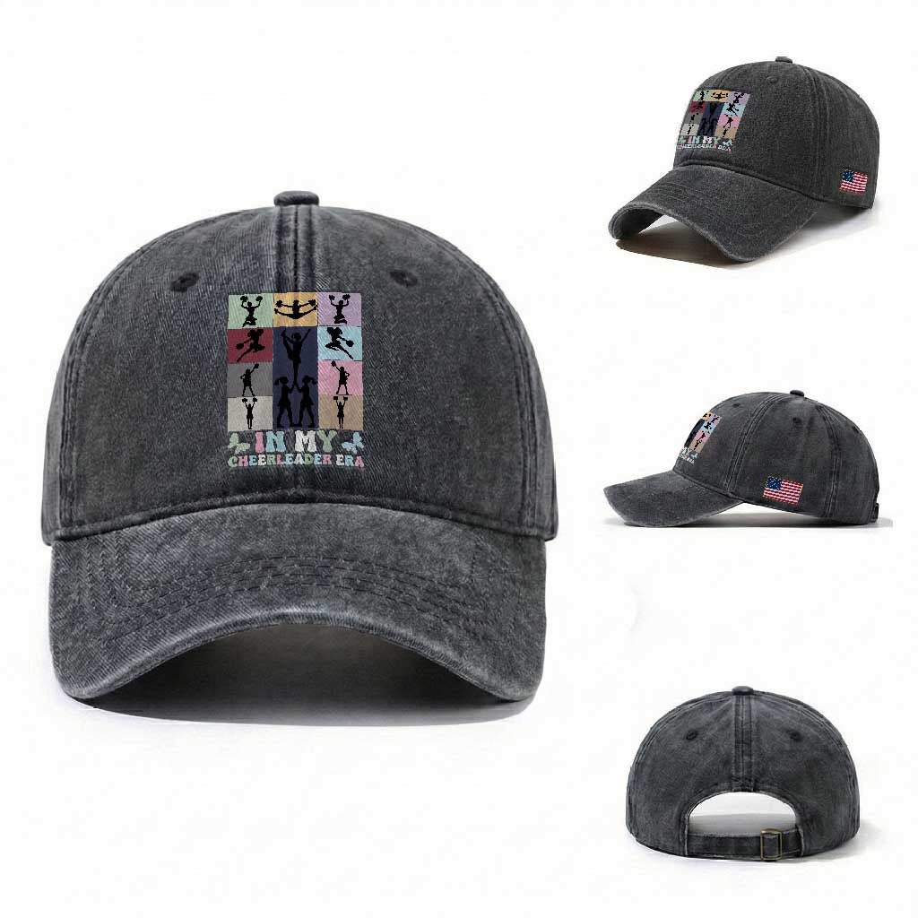 In My Cheer Mom Era Washed Cotton Baseball Cap Cheerleader Squad Fan Gift TS12 Washed Cap Universal Fit Dark Gray Print Your Wear