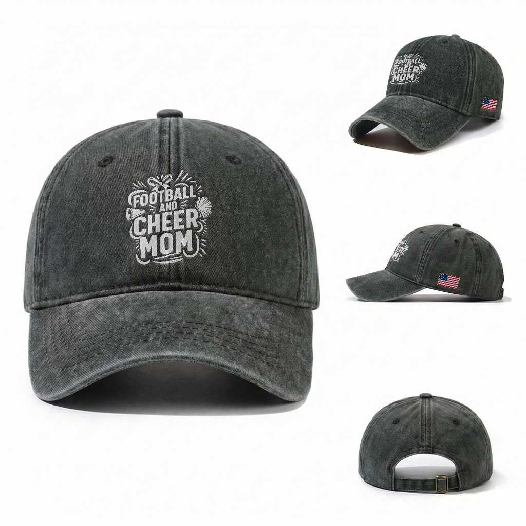 Football And Cheer Mom Quote Washed Cotton Baseball Cap Team Supporter Gift Idea TS12 Washed Cap Universal Fit Dark Green Print Your Wear