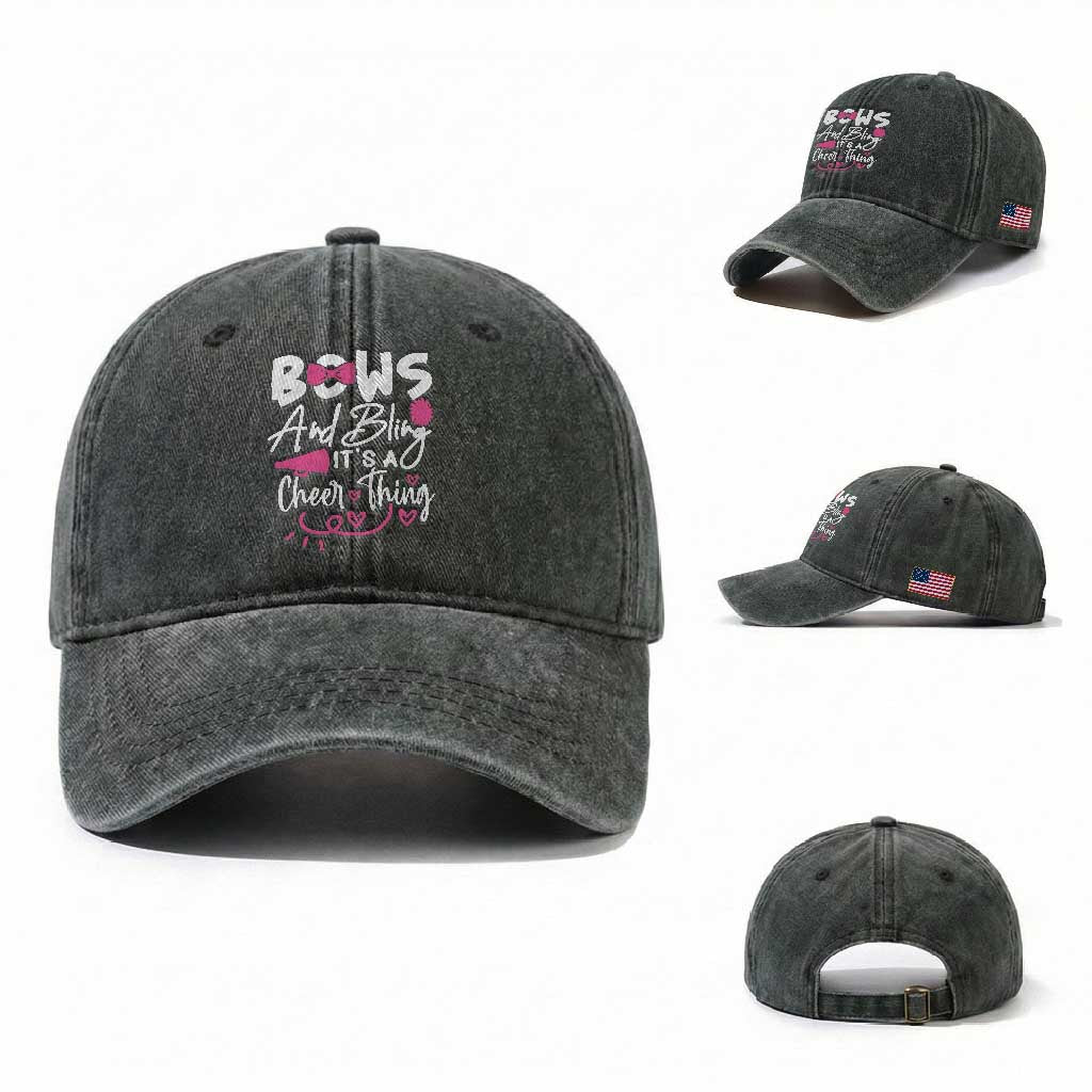 Bows And Bling Its A Cheer Thing Washed Cotton Baseball Cap Cheerleading Gift TS12 Washed Cap Universal Fit Dark Green Print Your Wear