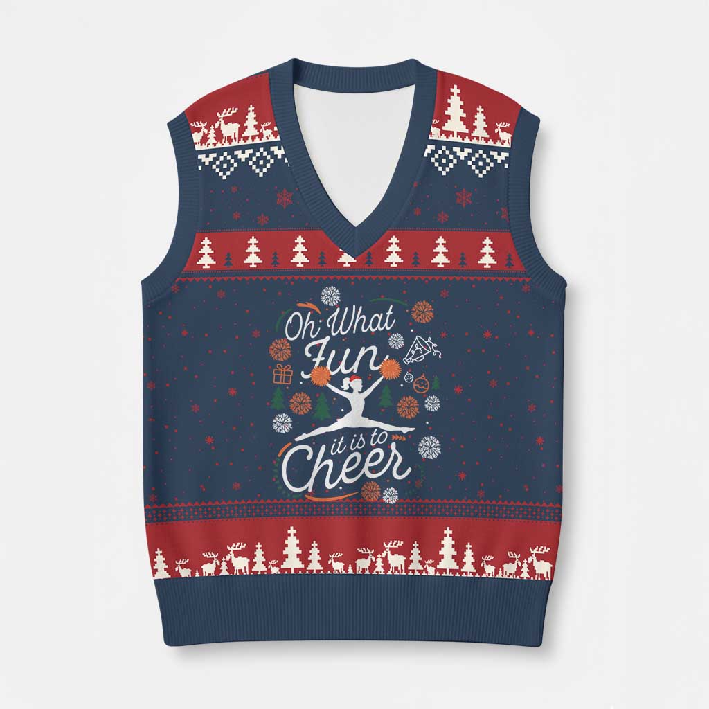 Oh What Fun It Is To Cheer V-Neck Knit Sweater Vest Funny Xmas Cheerleading Gift TS12 Navy Red Print Your Wear