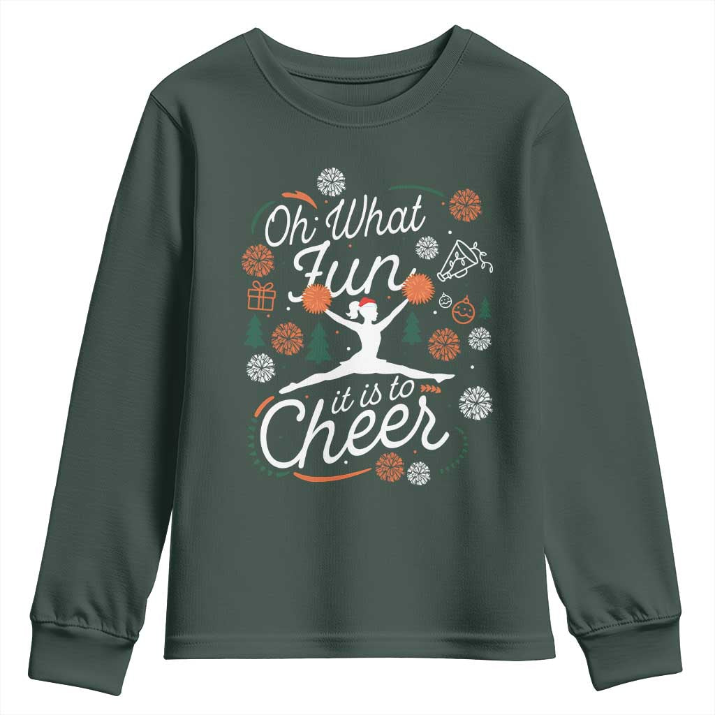 Oh What Fun It Is To Cheer Youth Sweatshirt Funny Christmas Cheerleading Gift TS12 Dark Forest Green Print Your Wear