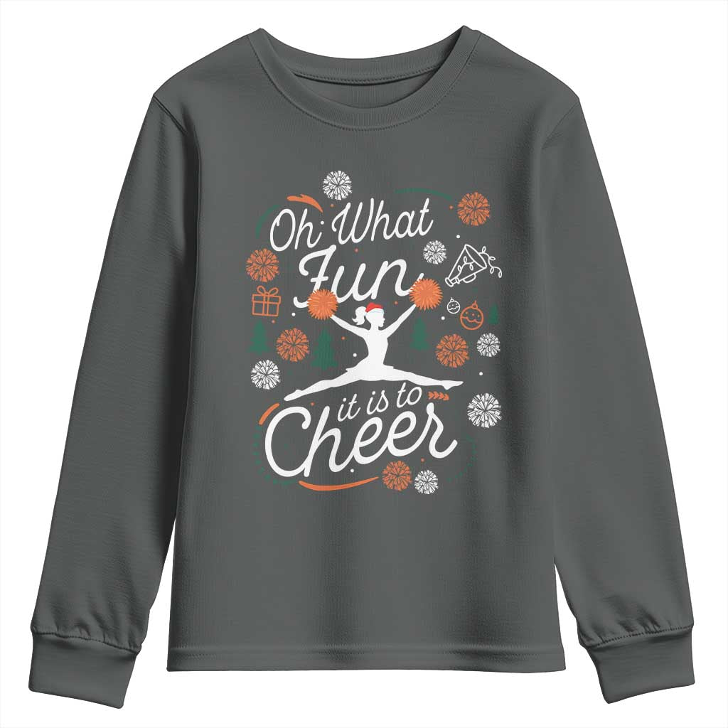 Oh What Fun It Is To Cheer Youth Sweatshirt Funny Christmas Cheerleading Gift TS12 Dark Heather Print Your Wear