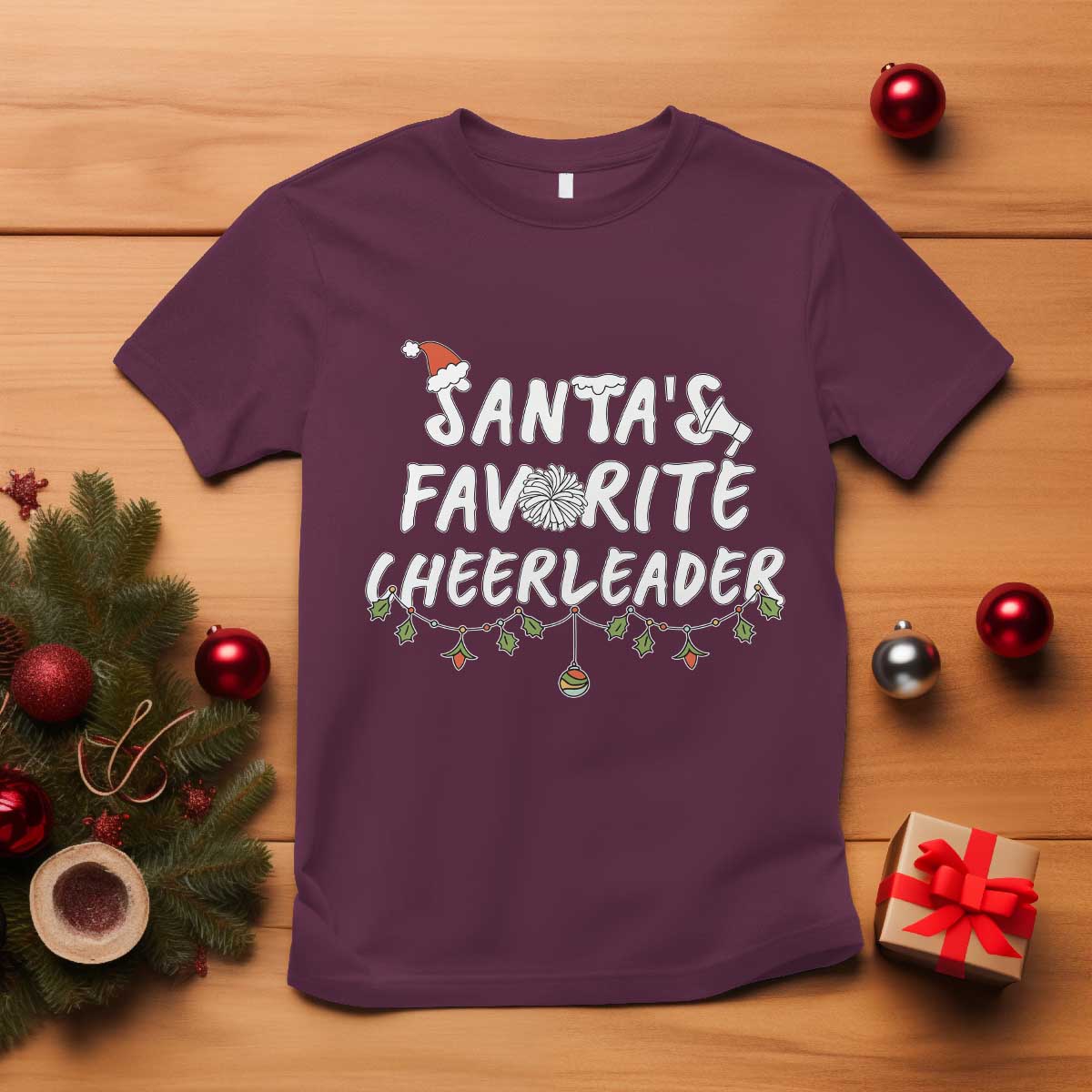 Santa Favorite Cheerleader T Shirt Christmas Cheerleading Gift TS12 Maroon Print Your Wear