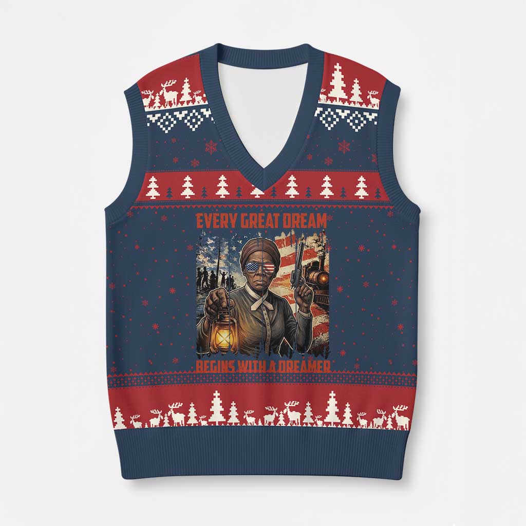 Harriet Tubman Quote V-Neck Knit Sweater Vest Every Great Dream Begins With A Dreamer TS12 Navy Red Print Your Wear