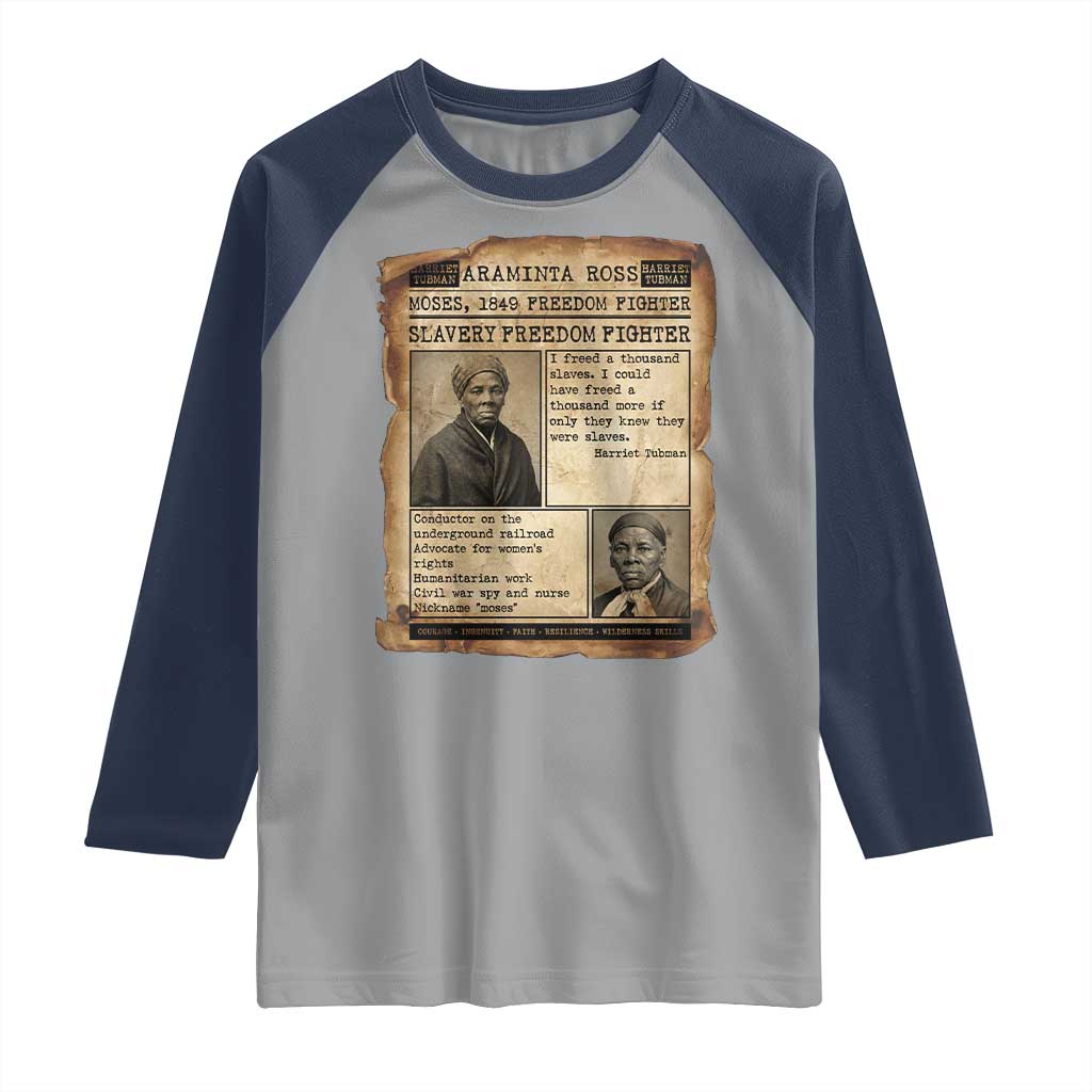 Harriet Tubman Newspaper Raglan Shirt Slavery Freedom Fighter Historical TS12 Sport Gray Navy Print Your Wear