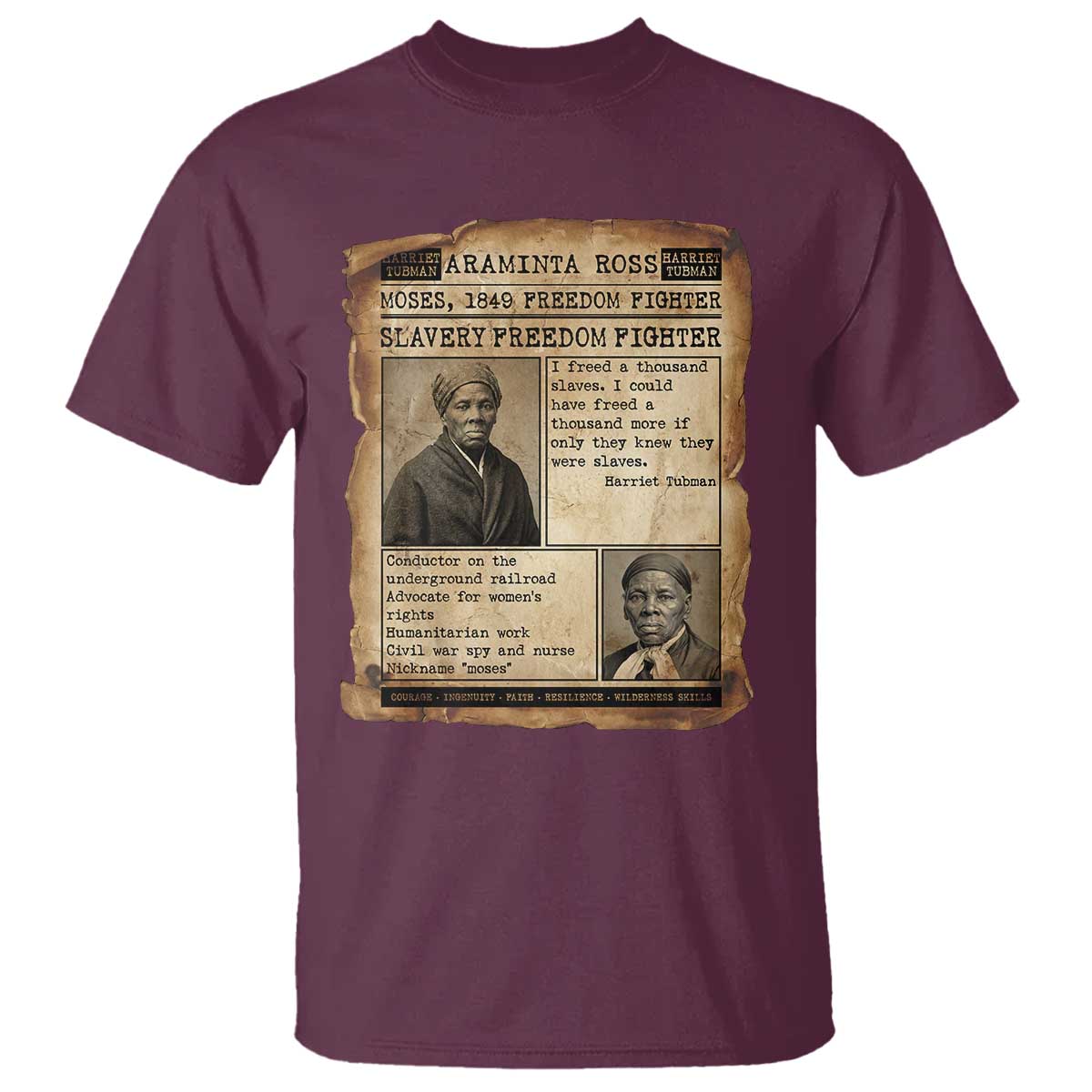 Harriet Tubman Newspaper T Shirt Slavery Freedom Fighter Historical TS12 Maroon Print Your Wear