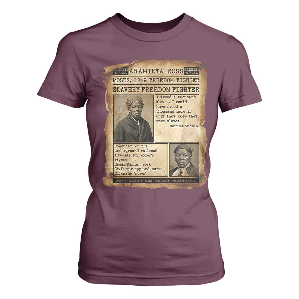 Harriet Tubman Newspaper T Shirt For Women Slavery Freedom Fighter Historical TS12 Maroon Print Your Wear